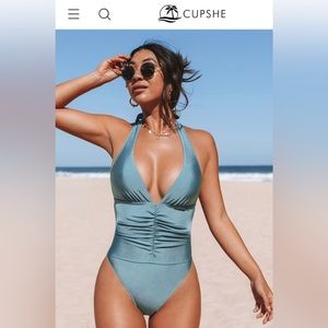 CupShe Solids Shirred Halter, tummy control, one piece suit blu/green